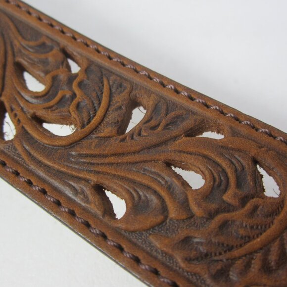 New Tony Lama Women 32 Brown Pierced Leather Filigree Belt Silvertone Buckle - Picture 2 of 12